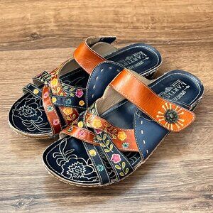 Leather Floral Embroidered Slide Sandals - Navy & Orange